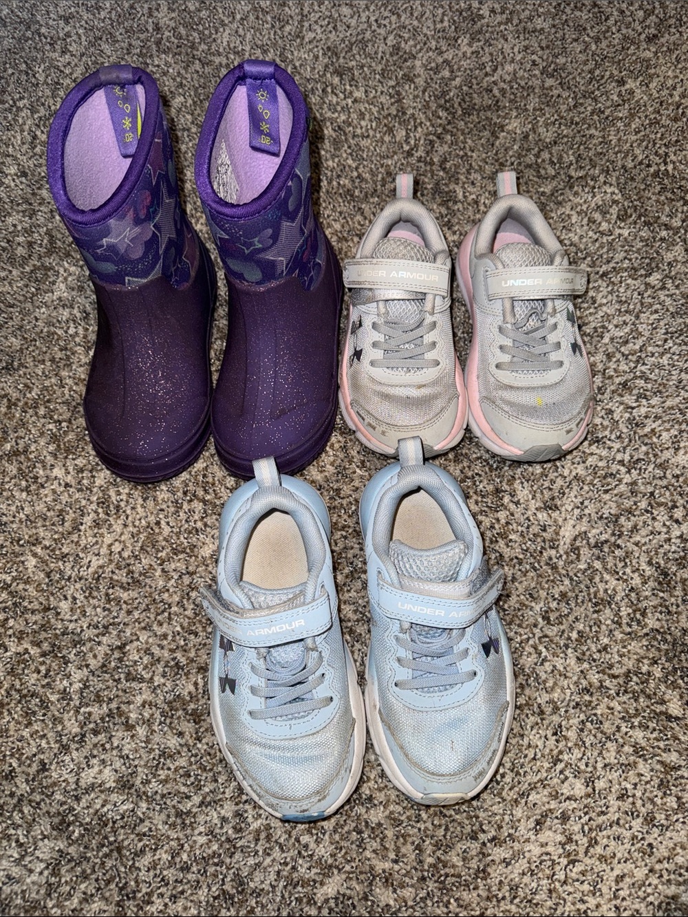 Girls toddler size 11 Under Armour shoes and western chief rain boots.